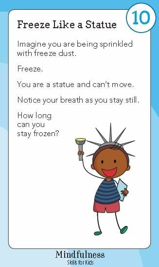 A children's illustration of a girl holding a bell with a freeze game instruction.