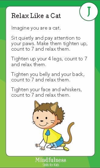 Illustration of a child doing relaxation exercises with calming instructions.