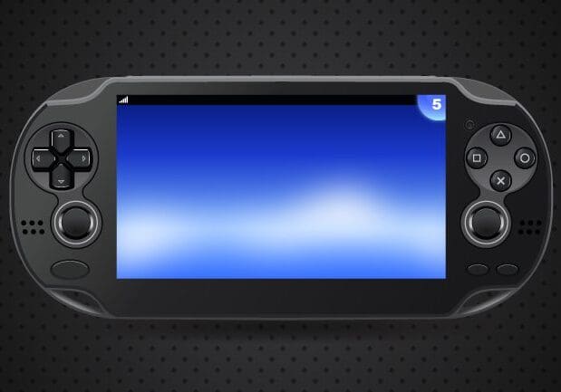 A handheld gaming console with a blue screen.