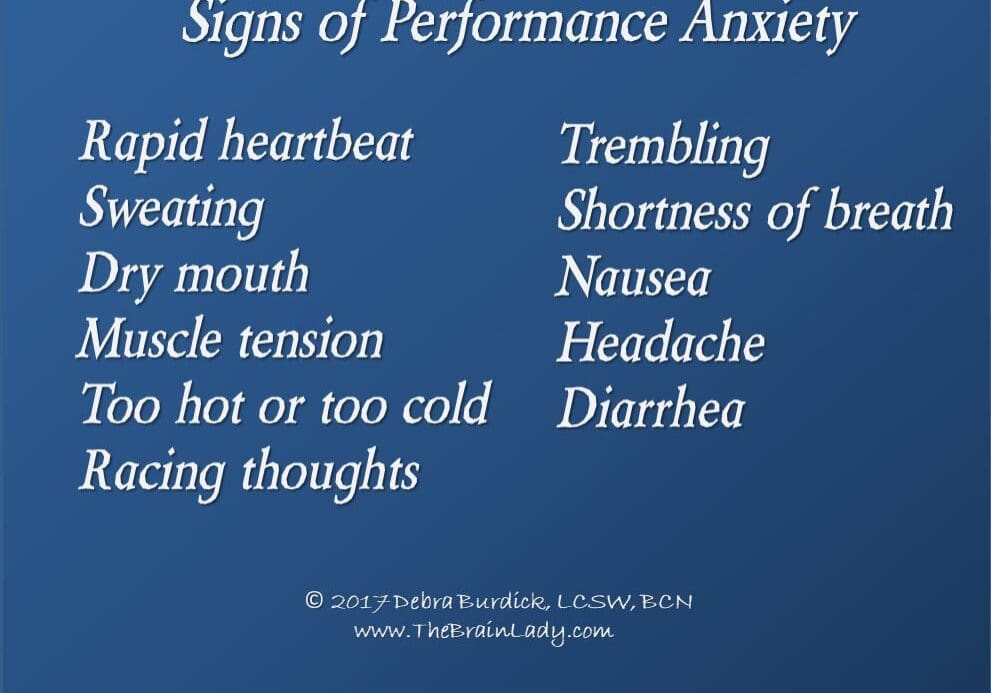 A list of common signs of performance anxiety on a blue background.