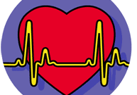 A red heart with a yellow heartbeat line on a purple background.