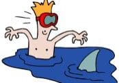 Cartoon of a swimmer startled by a shark fin.