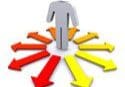 A figure surrounded by multiple colorful arrows pointing outward.