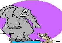 Cartoon elephant and mouse facing each other on purple background.